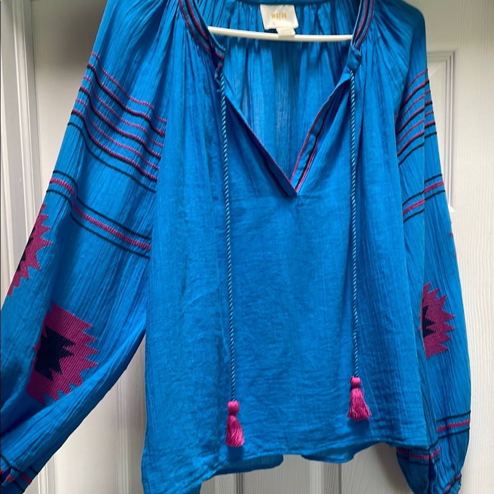 Anthropologie Teal and Magenta Embroidered Blouse 100% Cotton Medium